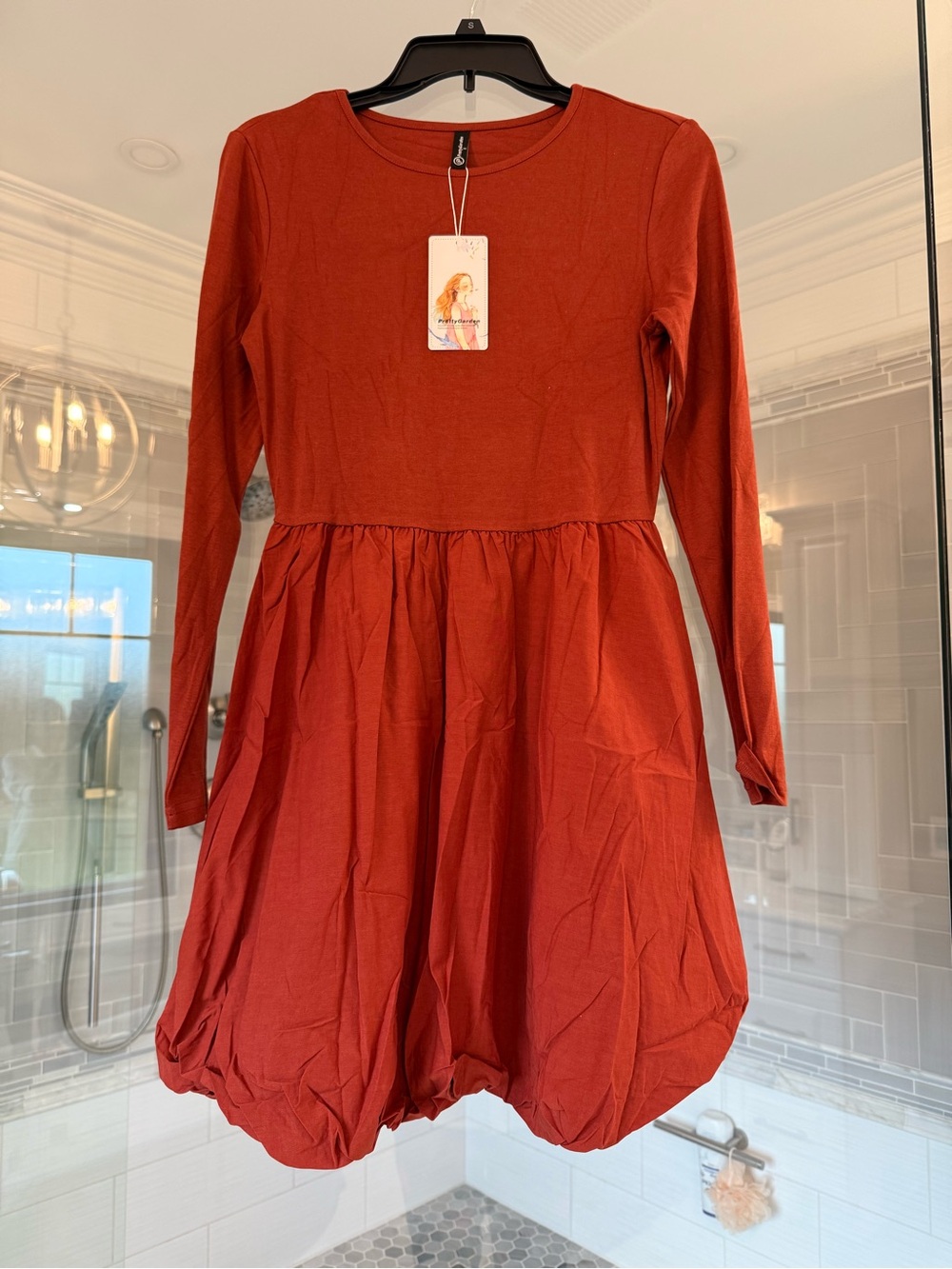Long Sleeve Brick Red Bubble Hem Casual Dress
